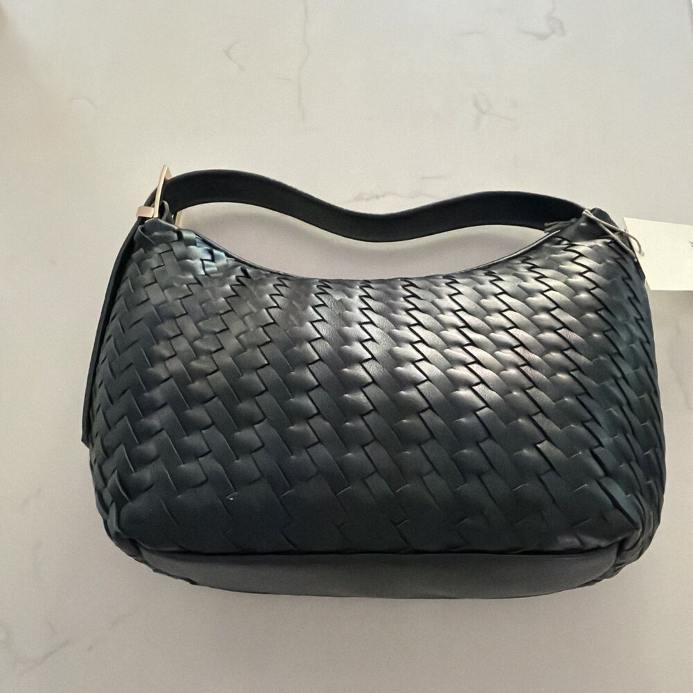 A New Day Black Woven Shoulder Bag with Adjustable Strap, Buckle & Zip Closure